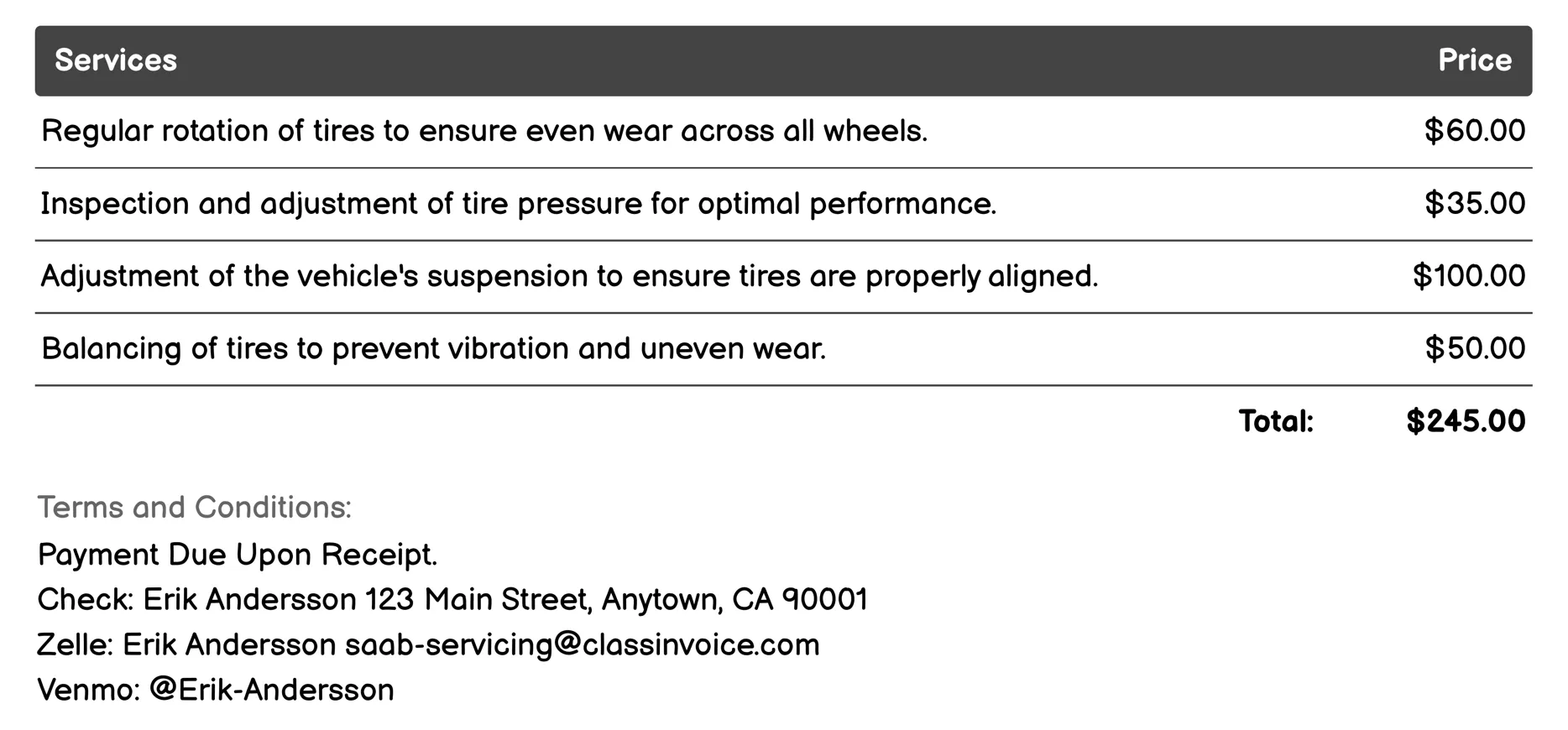 Tire Maintenance Invoice Example