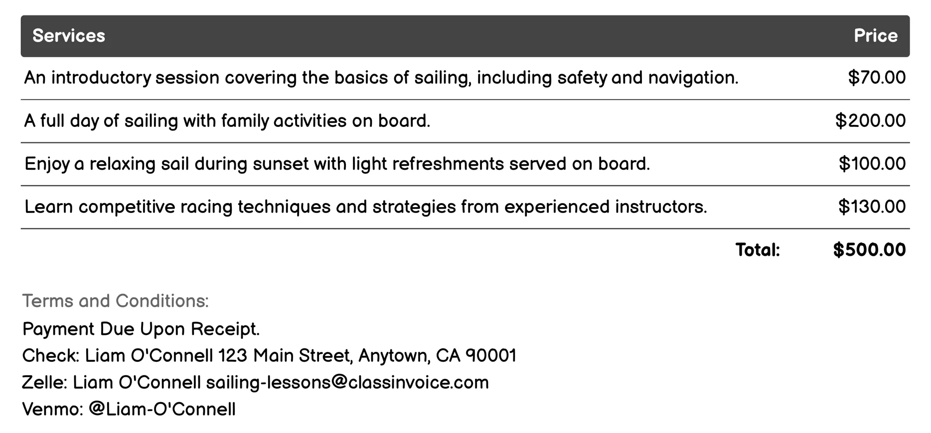 Family Sailing Adventures Invoice Example