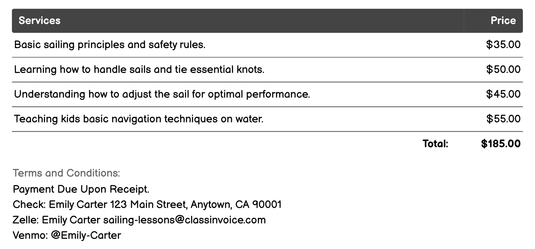 Kids' Sailing Camps Invoice Example