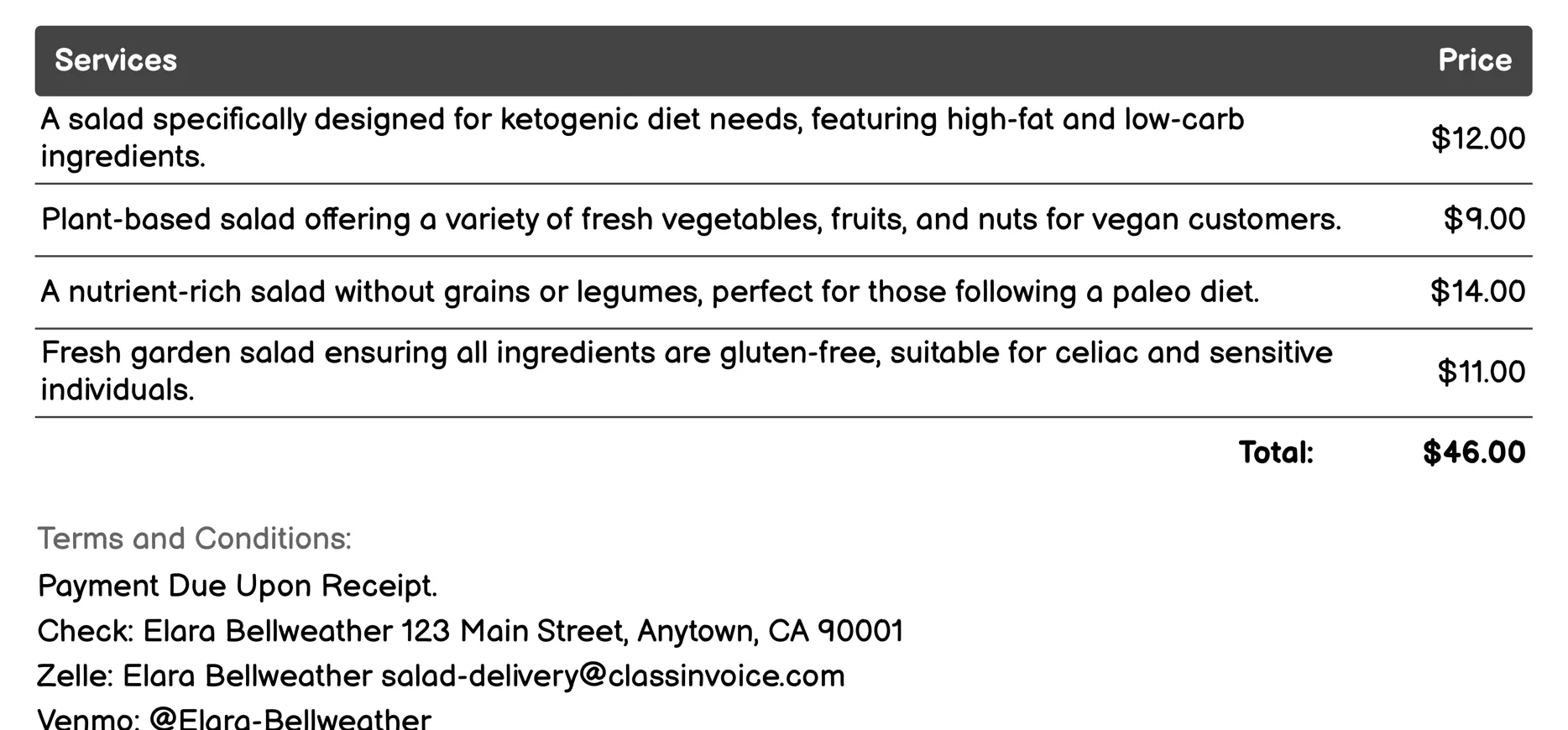 Diet-Specific Salad Options Invoice Example