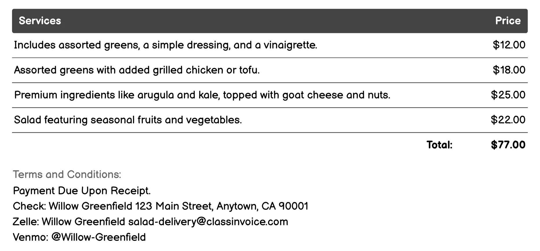 Fresh Salad Subscription Invoice Example