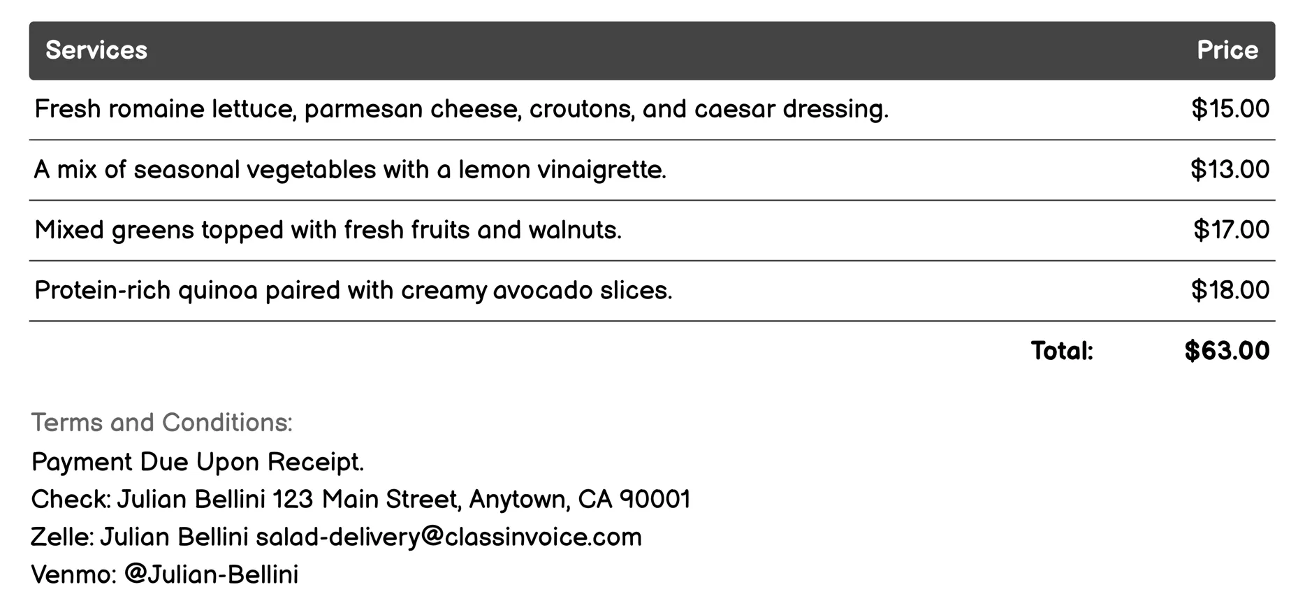 Gourmet Salad Delivery Invoice Example