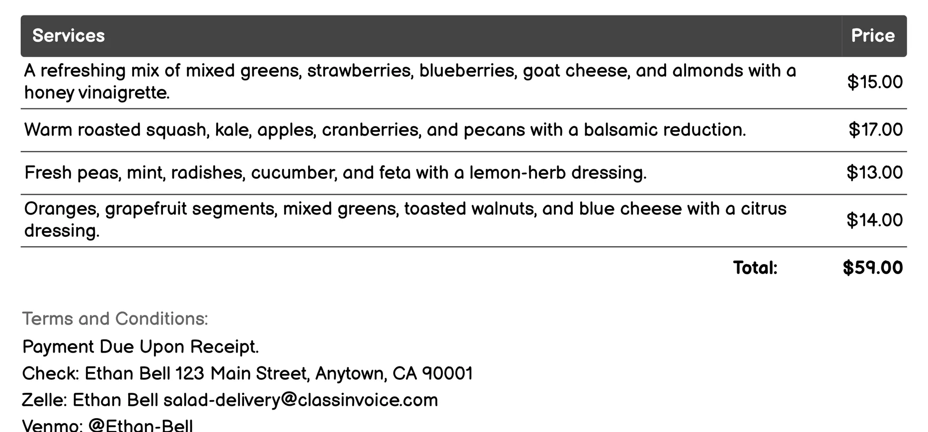 Seasonal Salad Specials Invoice Example