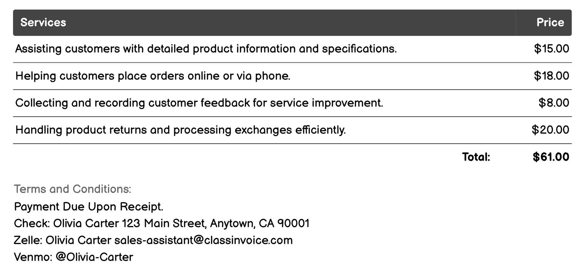 Customer Service Support Invoice Example