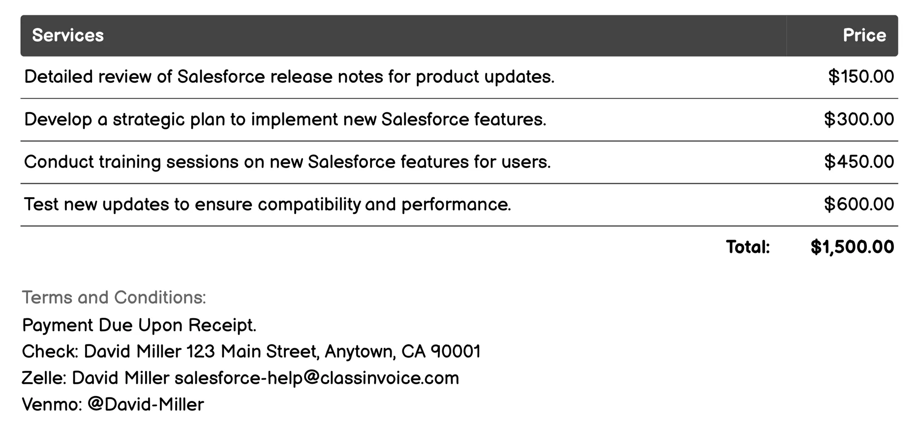 Product Updates Invoice Example