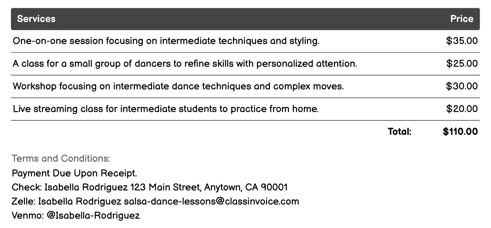 Intermediate Classes Invoice Example