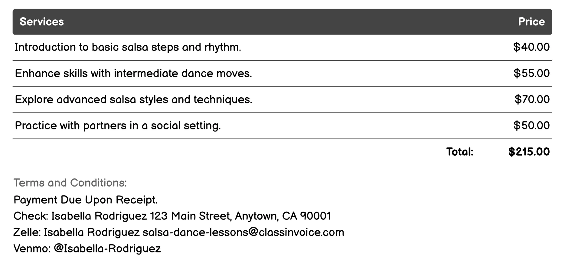 Workshops Invoice Example