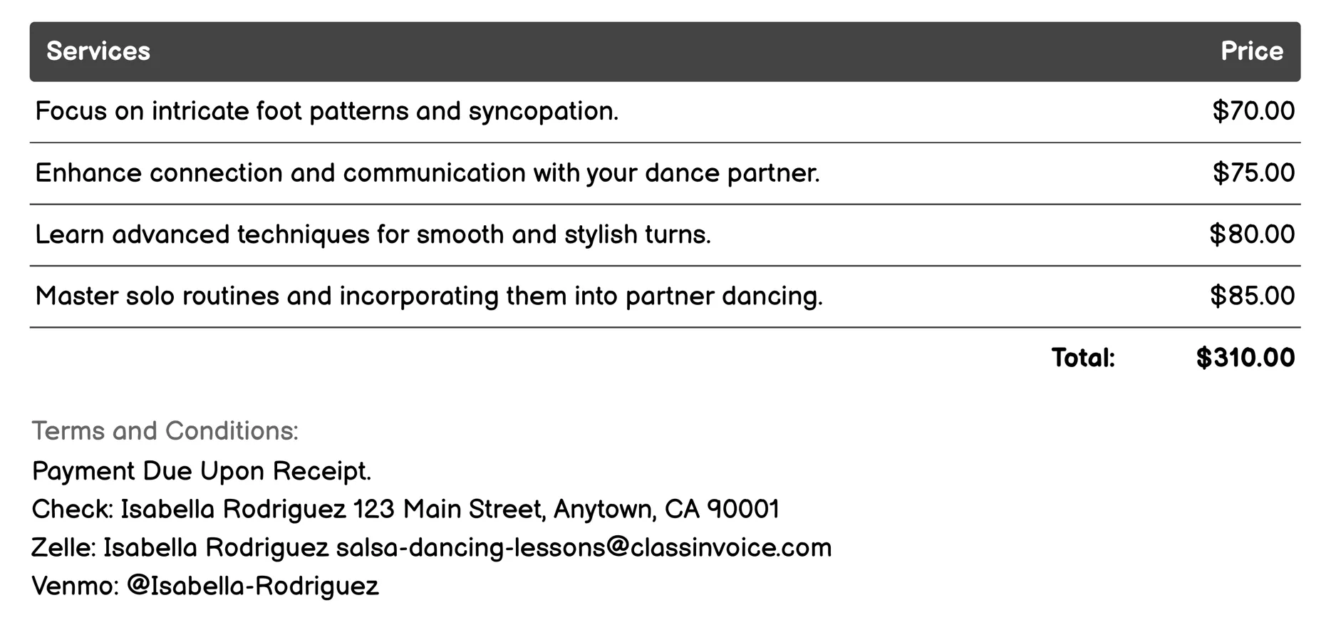 Advanced Salsa Techniques Invoice Example