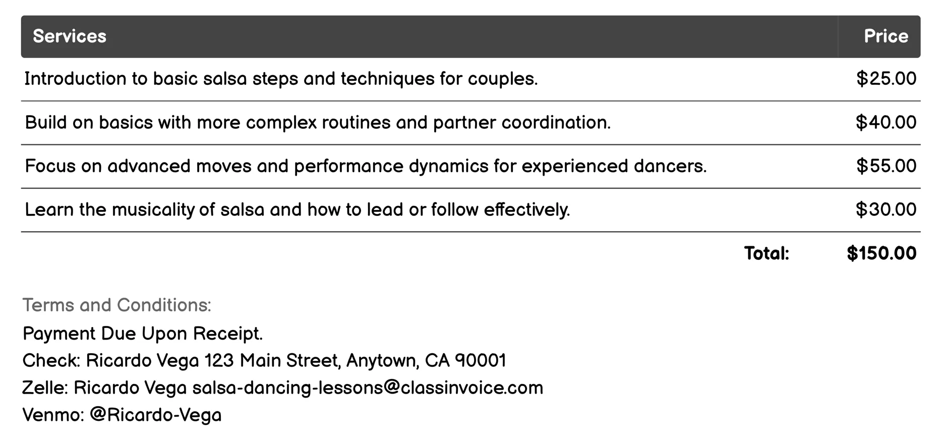 Couples Salsa Classes Invoice Example