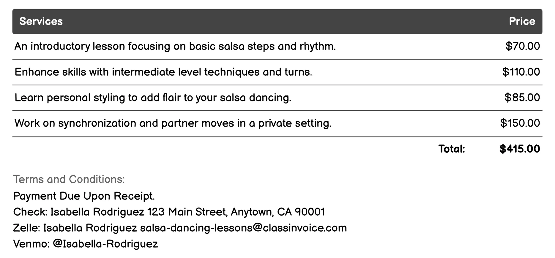 Private Salsa Lessons Invoice Example