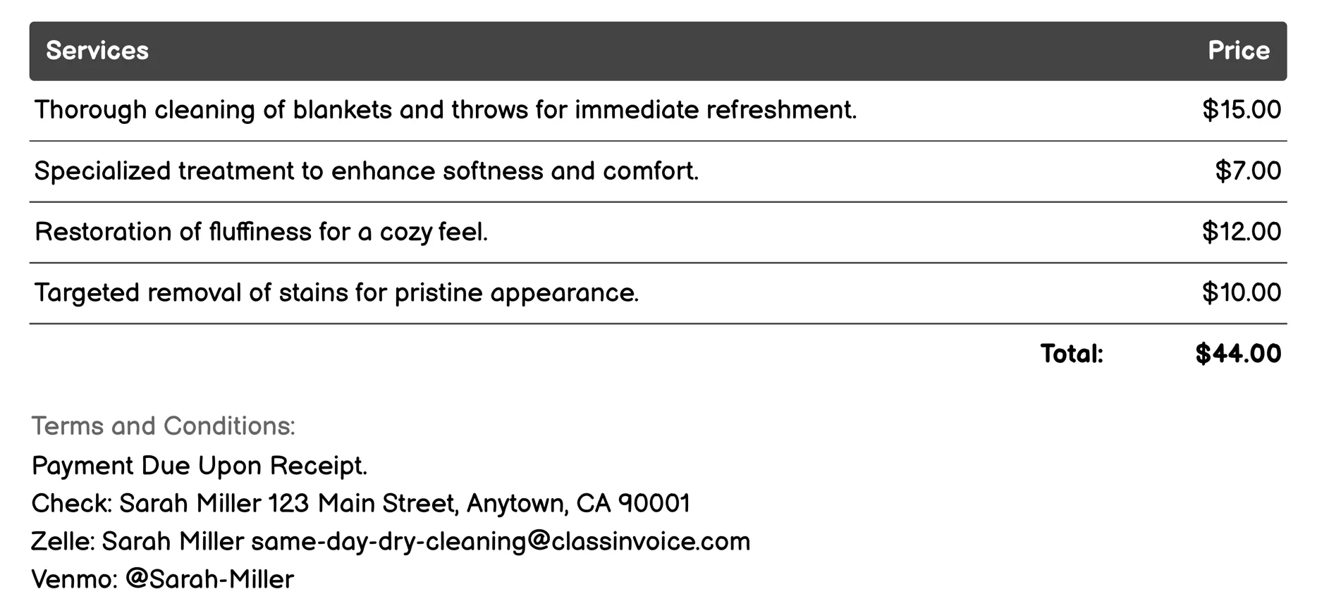 Blankets & Throws Invoice Example