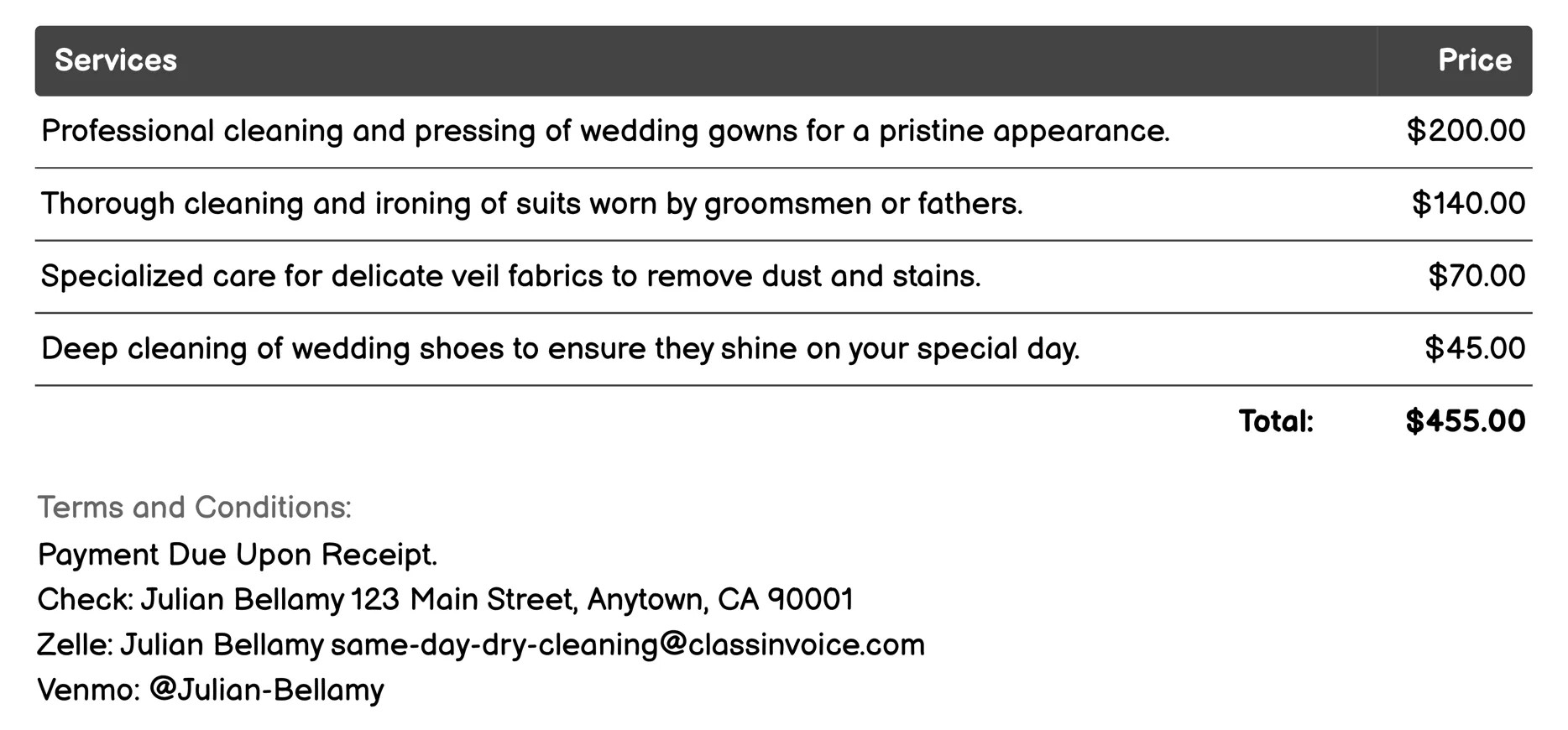 Wedding Attire Invoice Example