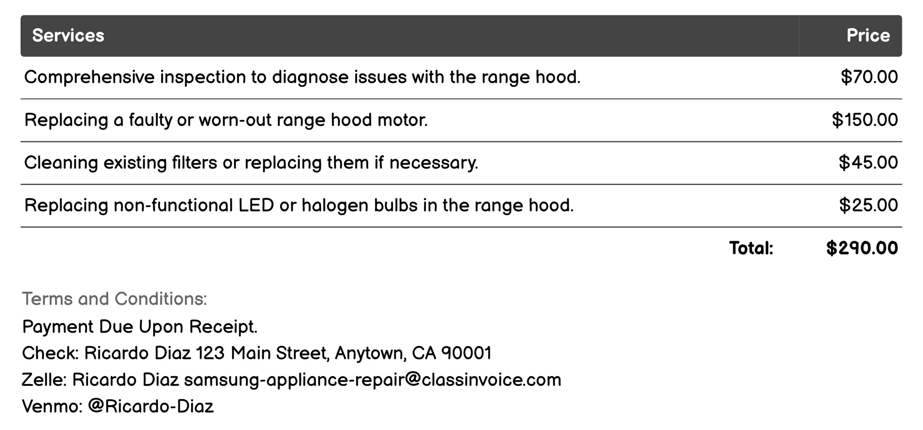 Range Hood Repair Invoice Example