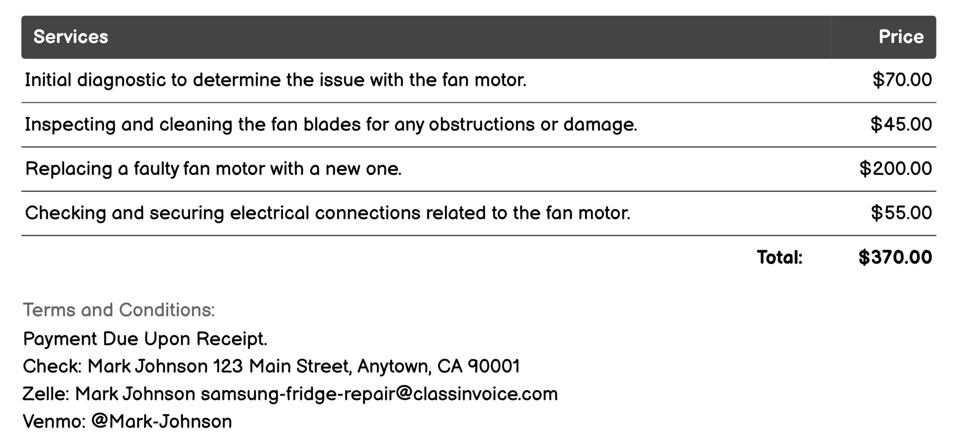 Fan Motor Repair Invoice Example