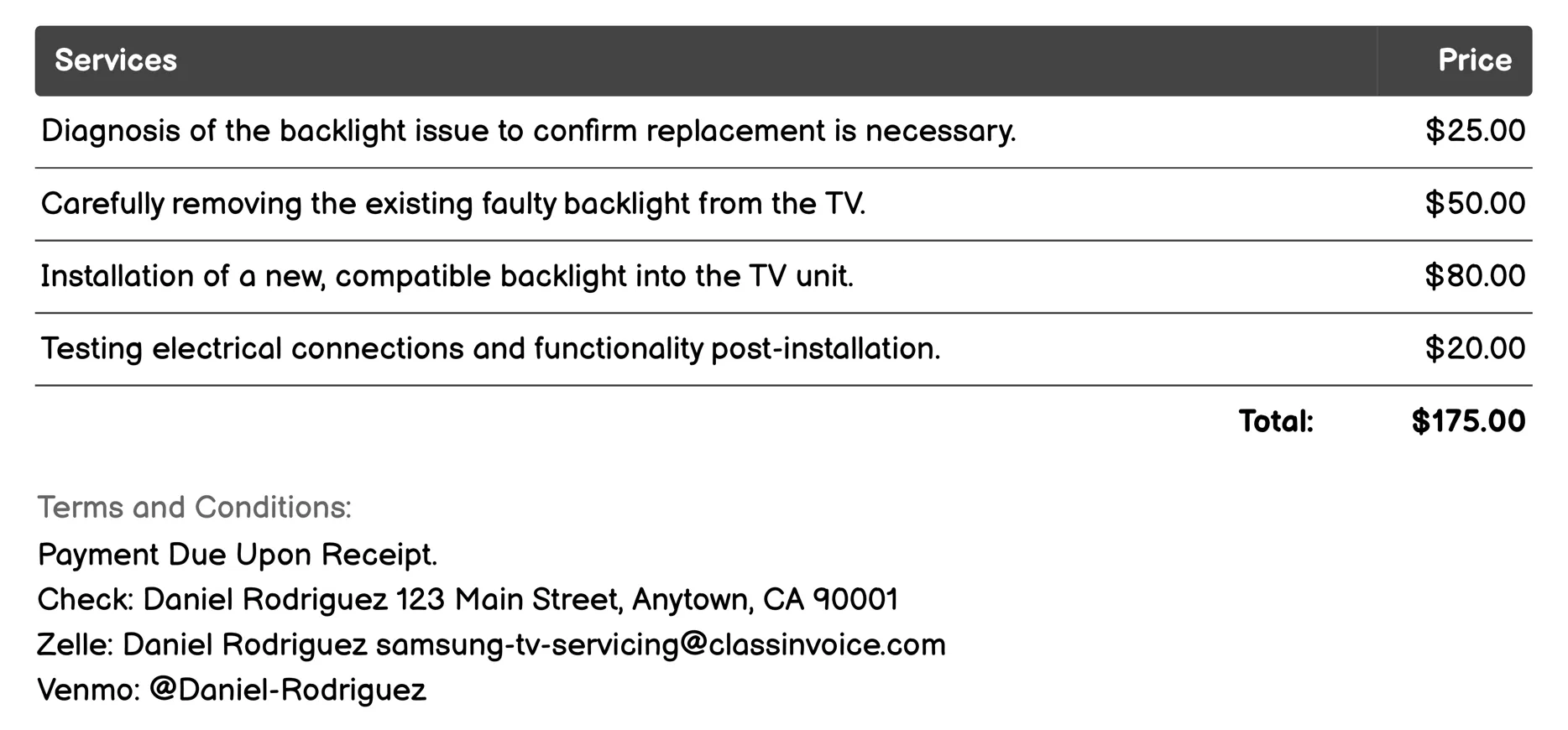 Backlight Replacement Invoice Example