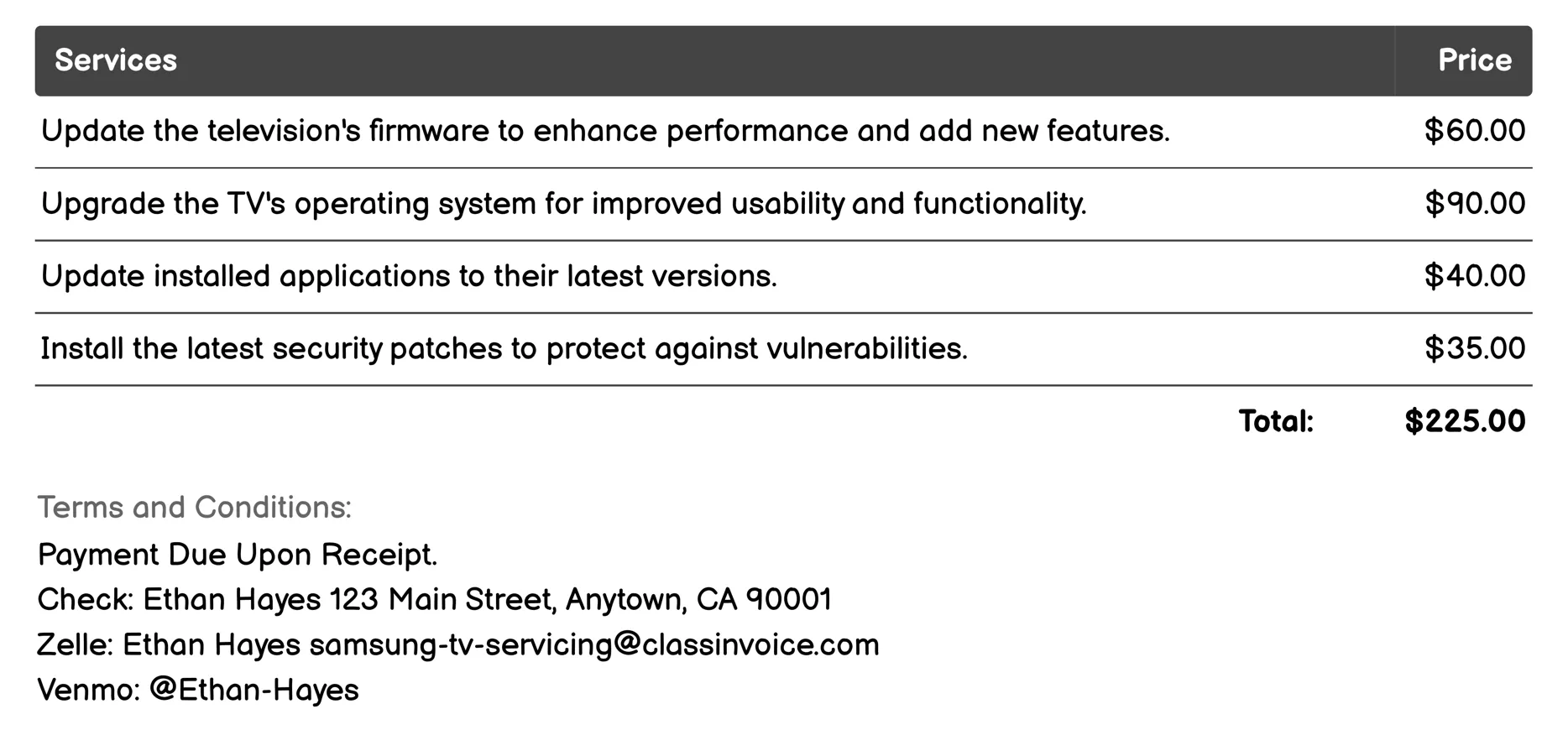 Software Update Invoice Example