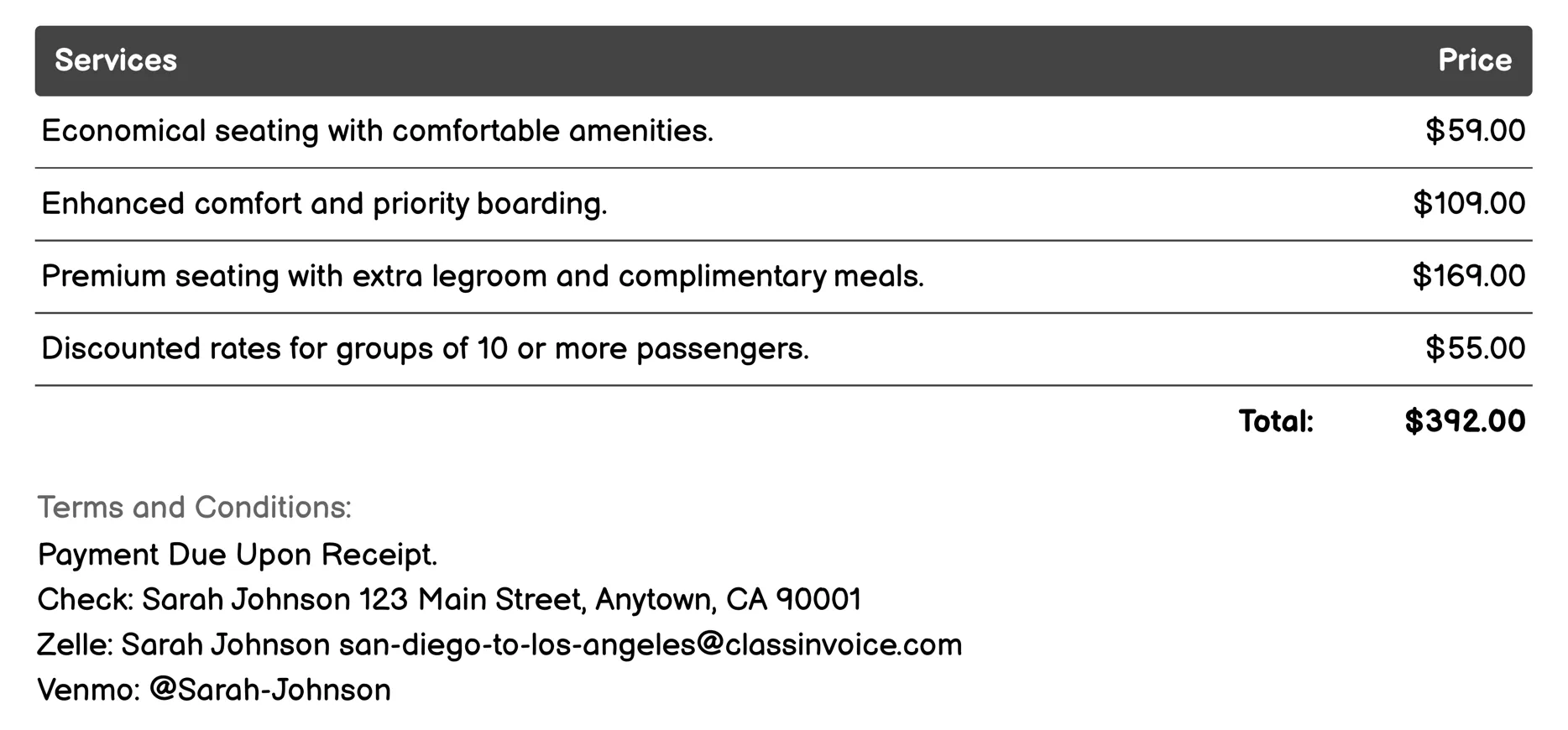 Amtrak Train Service Invoice Example