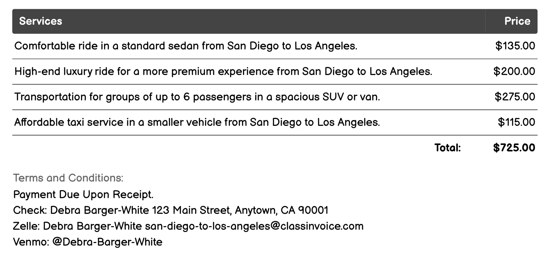 Taxi Service Invoice Example