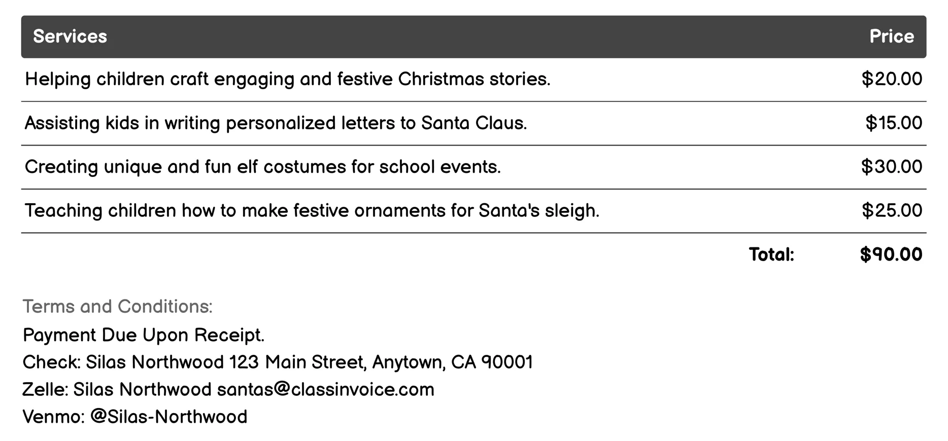 Elf School Tutoring Invoice Example