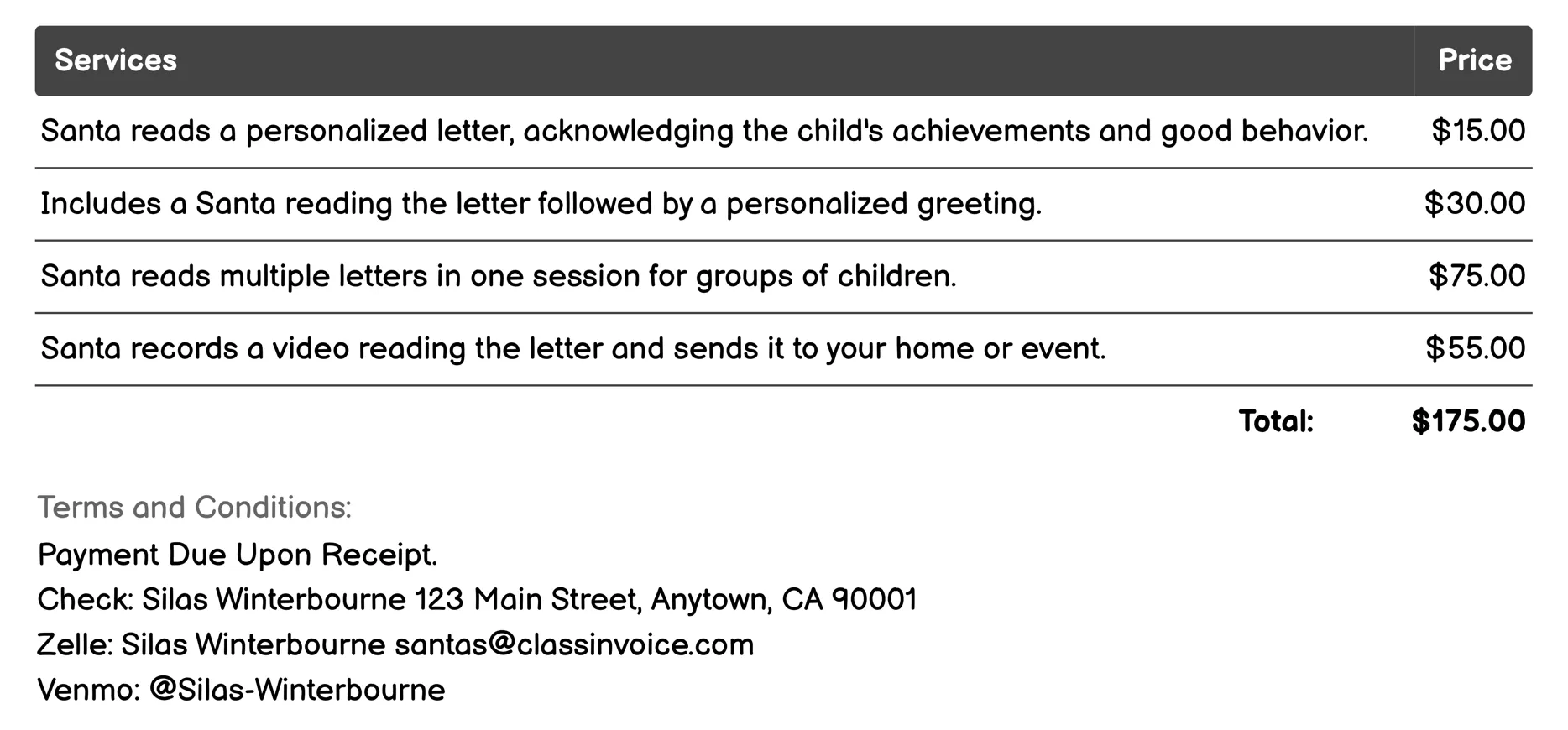 Letter Reading Invoice Example