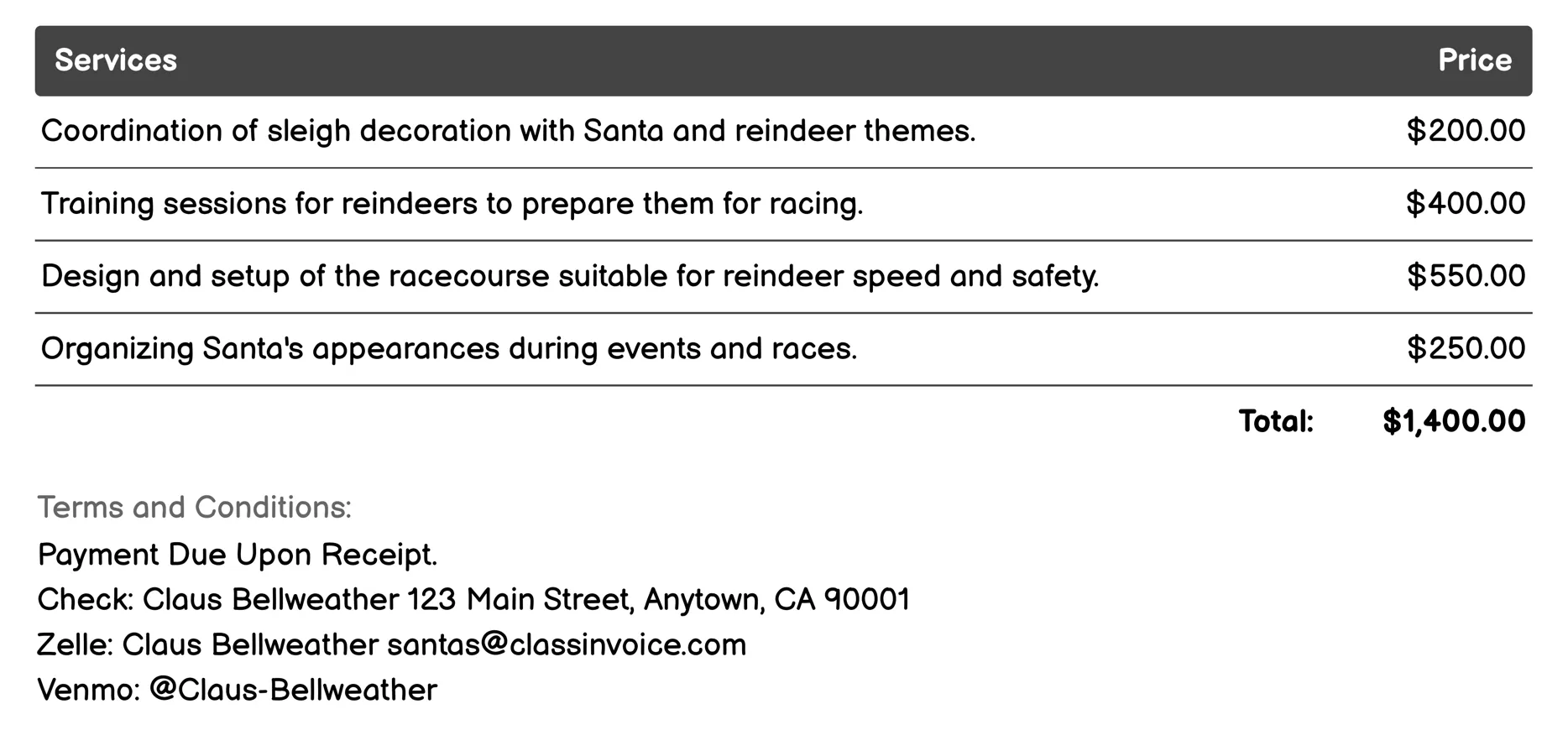 Reindeer Racing Coordinator Invoice Example