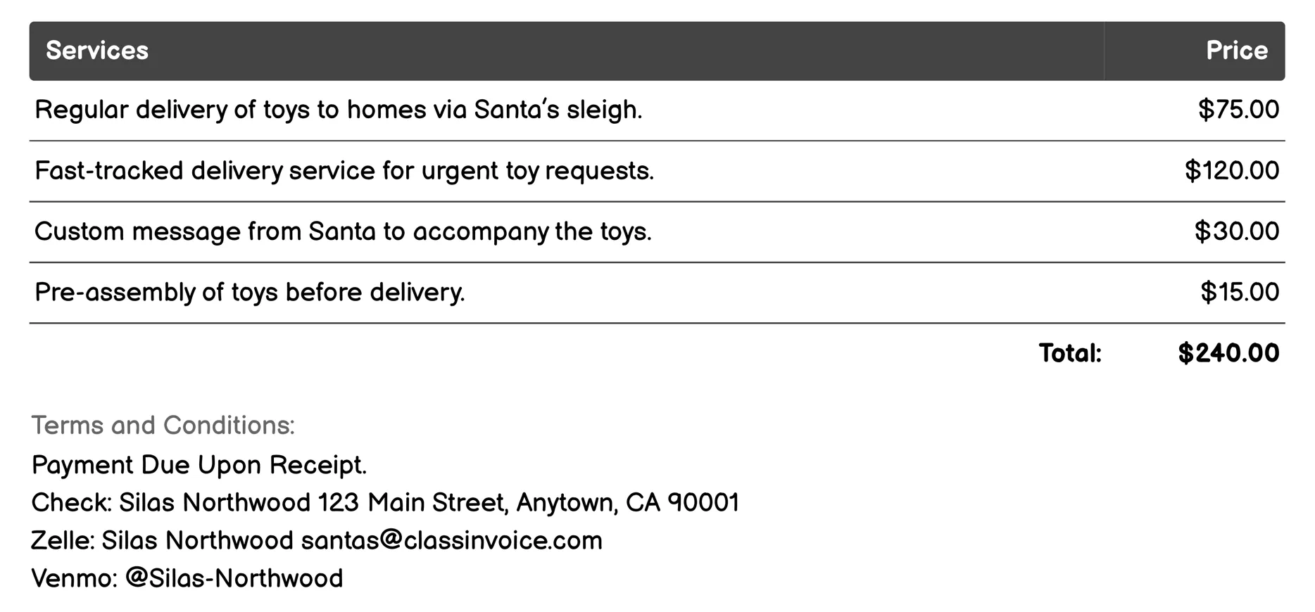 Toy Delivery Service Invoice Example
