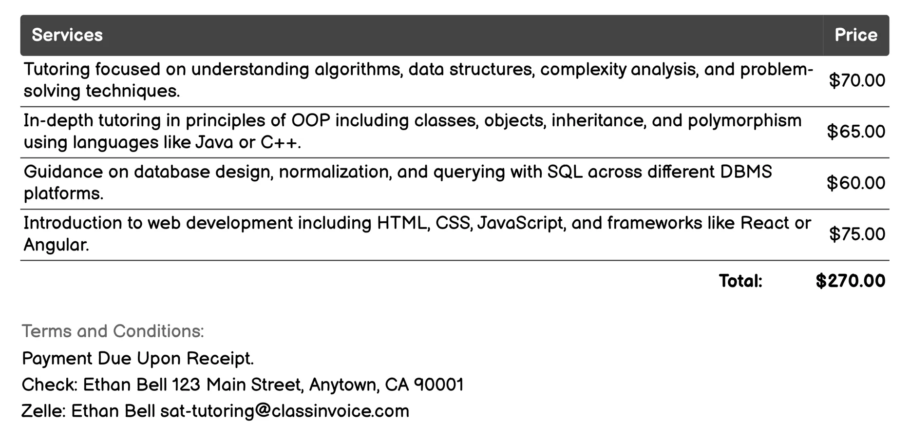 Computer Science Invoice Example