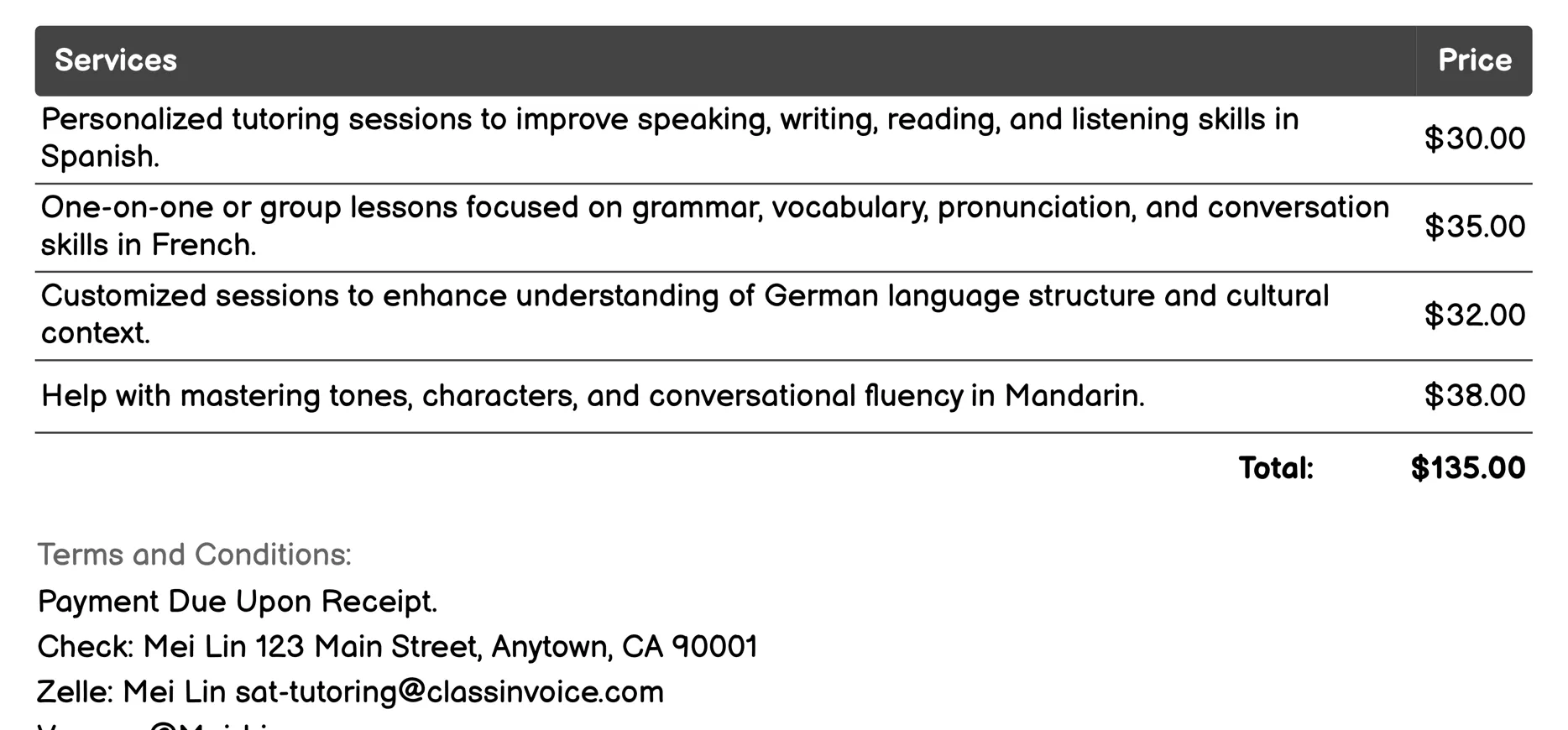 Foreign Languages Invoice Example
