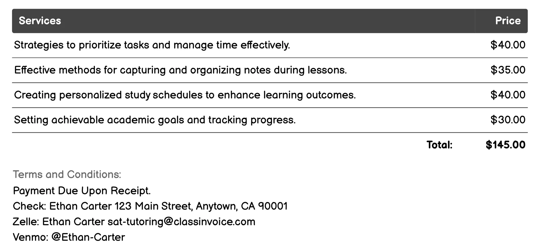 Study Skills Invoice Example