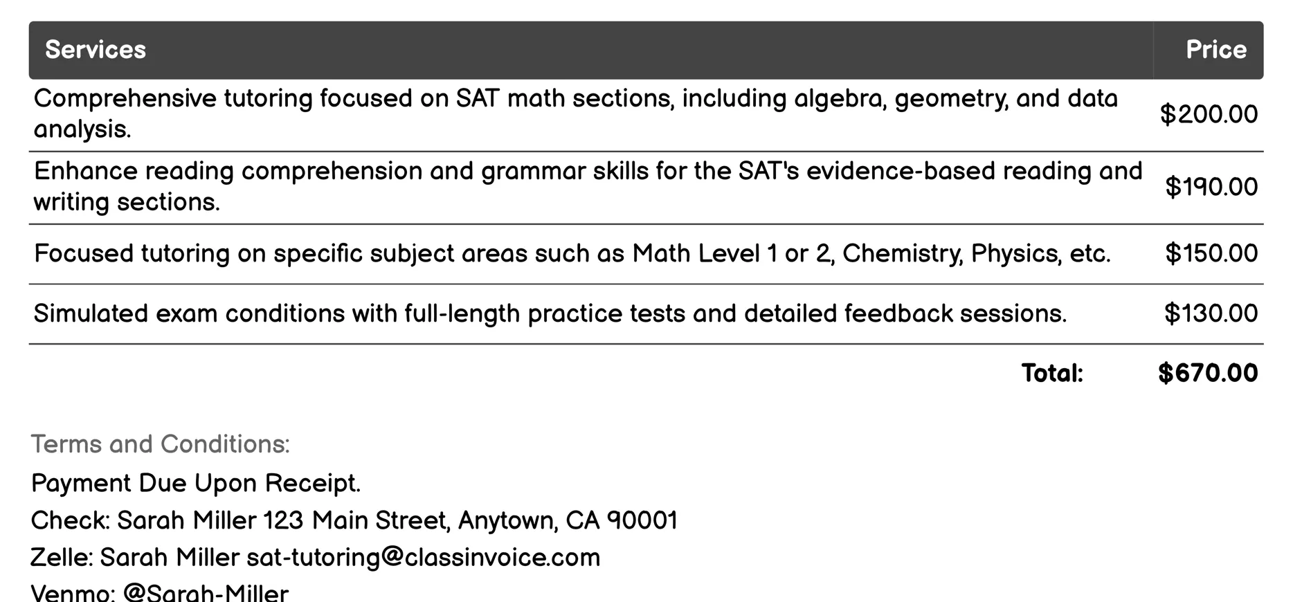 Test Preparation Invoice Example