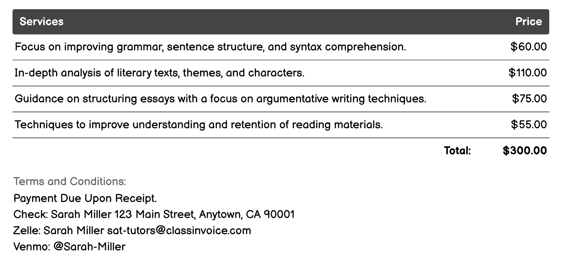 English Language Arts Tutoring Invoice Example