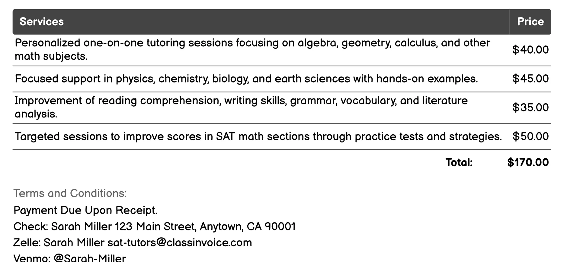 One-on-One Tutoring Invoice Example