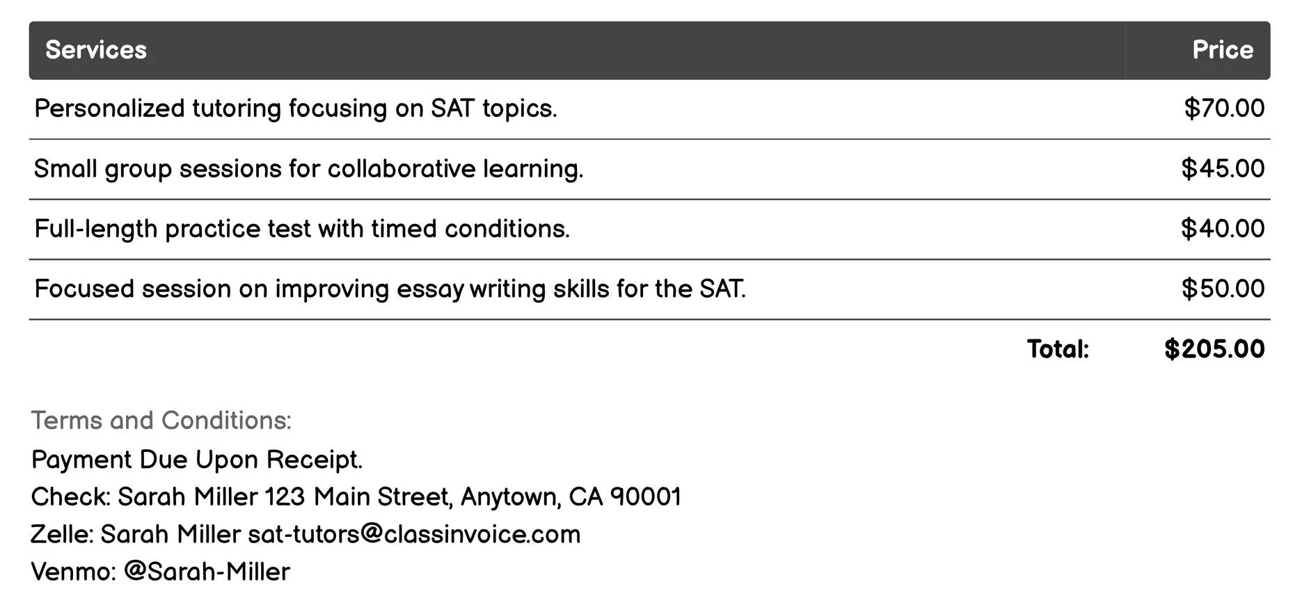 Practice Test Sessions Invoice Example