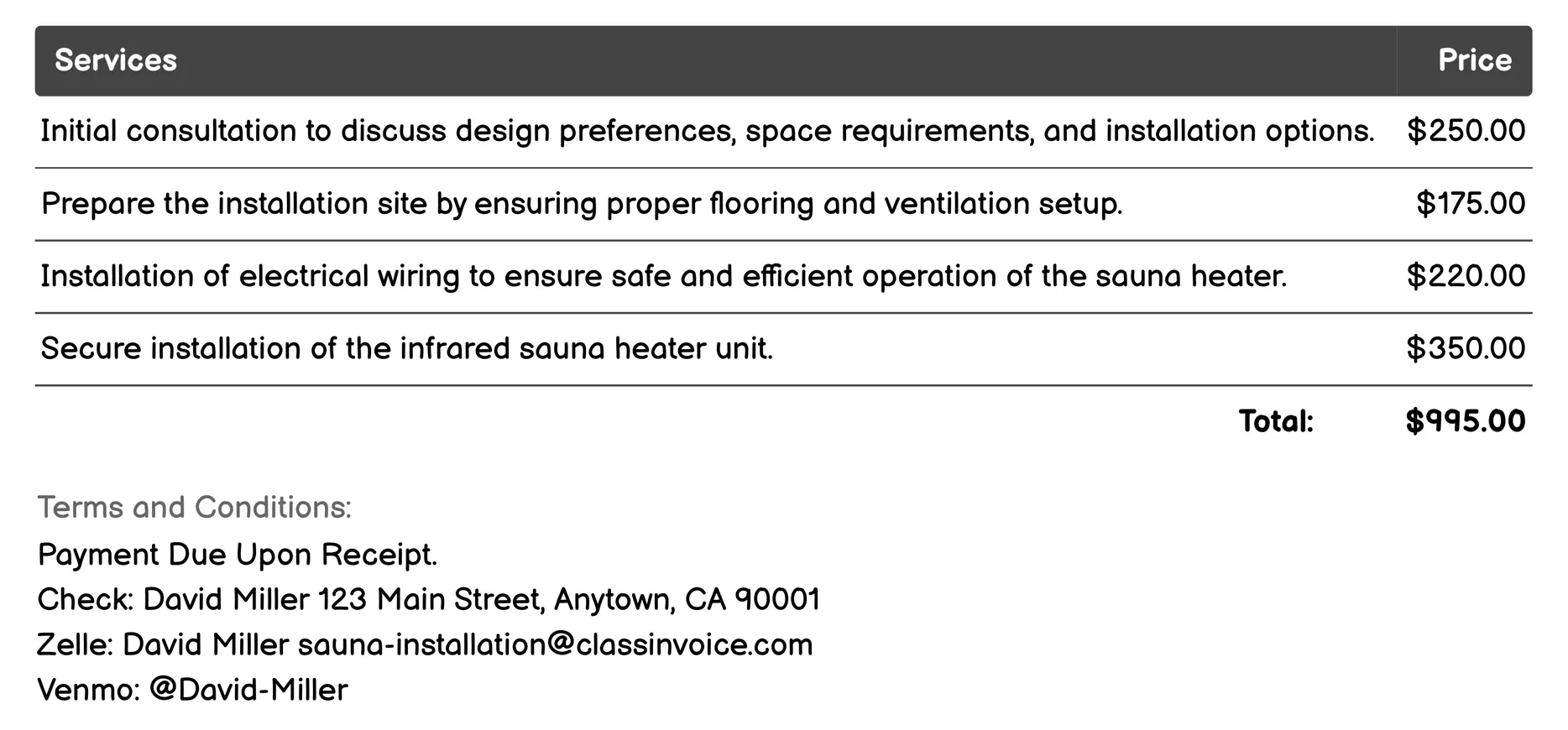 Infrared Sauna Installation Invoice Example
