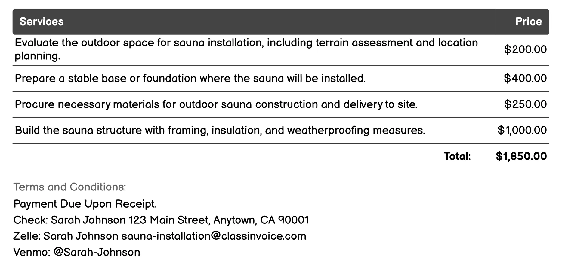 Outdoor Sauna Installation Invoice Example