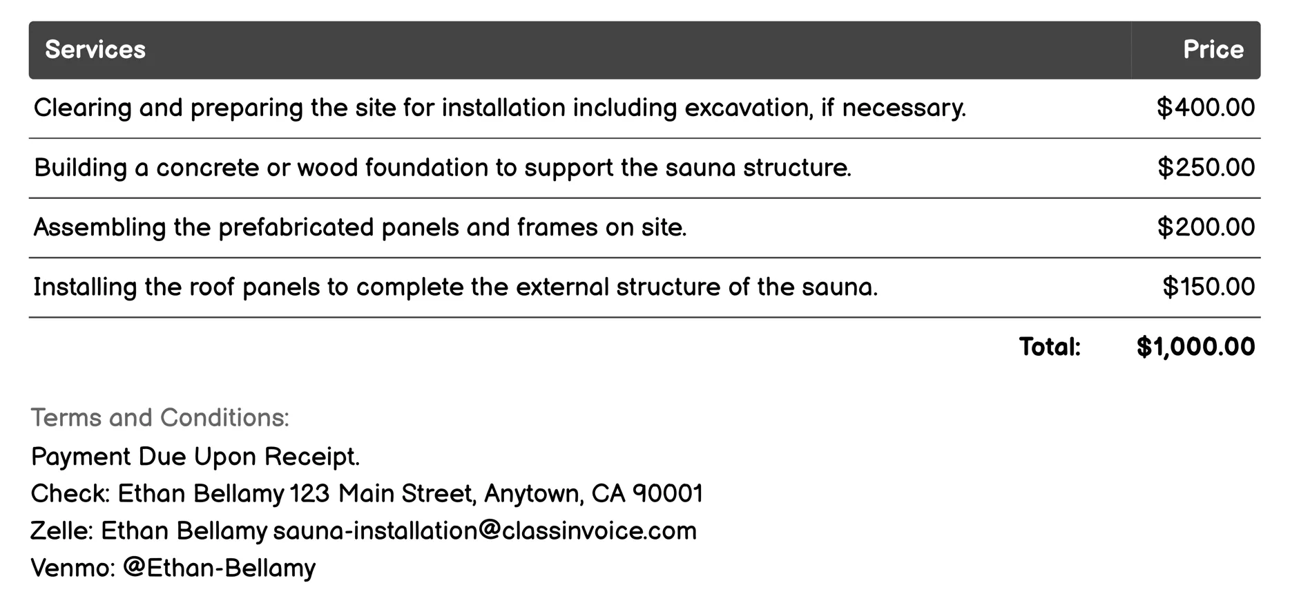 Pre-fabricated Sauna Installation Invoice Example
