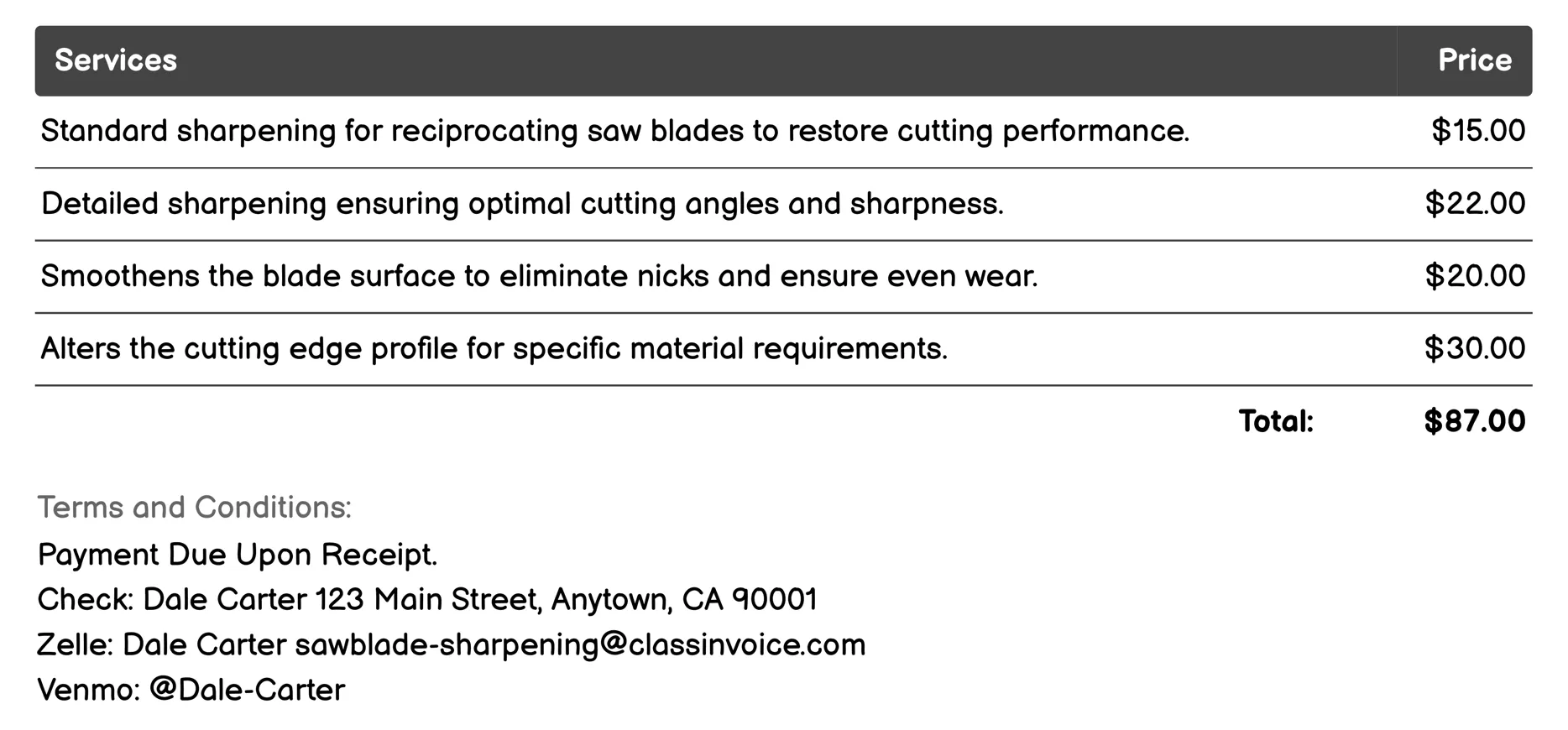 Reciprocating Saw Blades Invoice Example