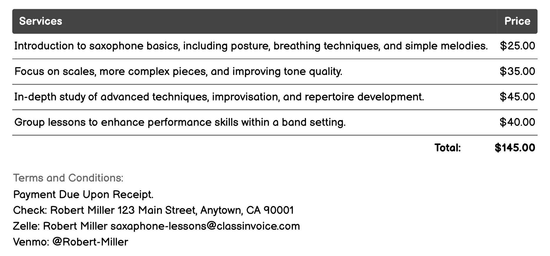 Private Saxophone Lessons Invoice Example