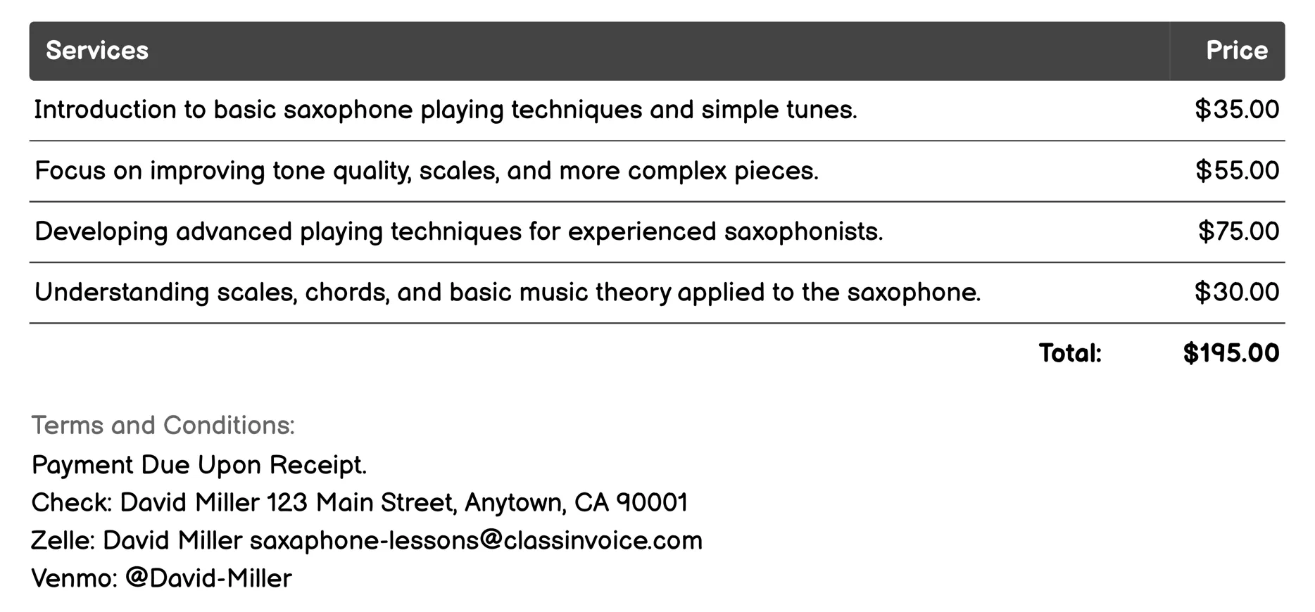 Saxophone Music Theory Classes Invoice Example