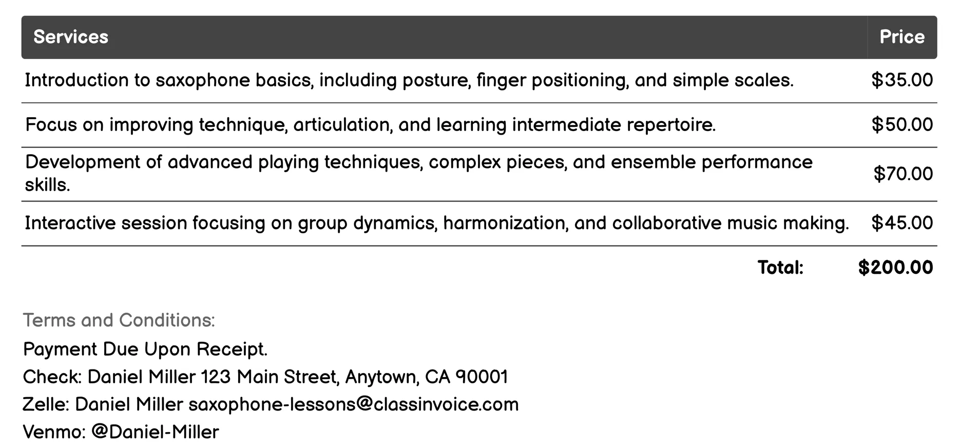 Group Saxophone Lessons Invoice Example