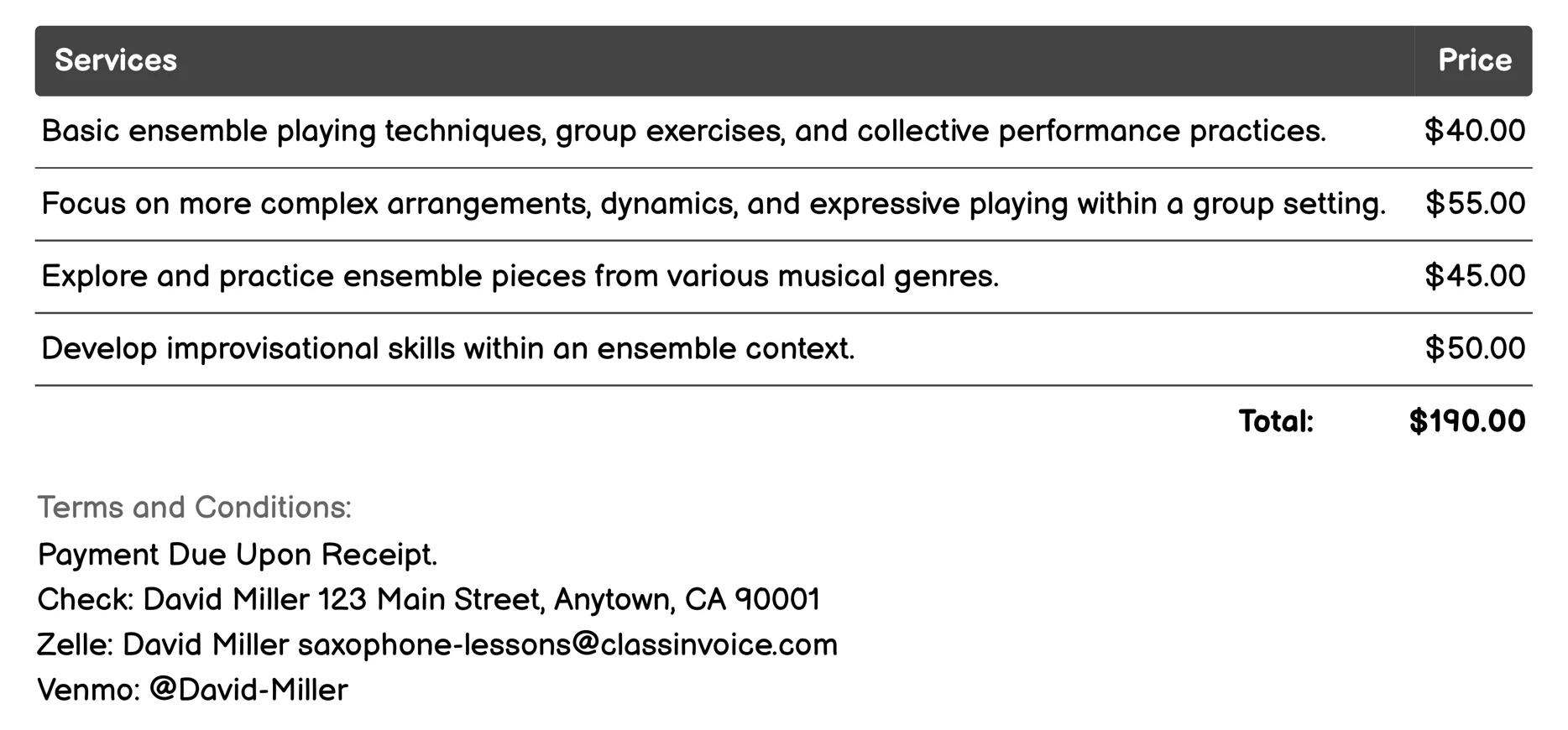 Saxophone Ensemble Coaching Invoice Example