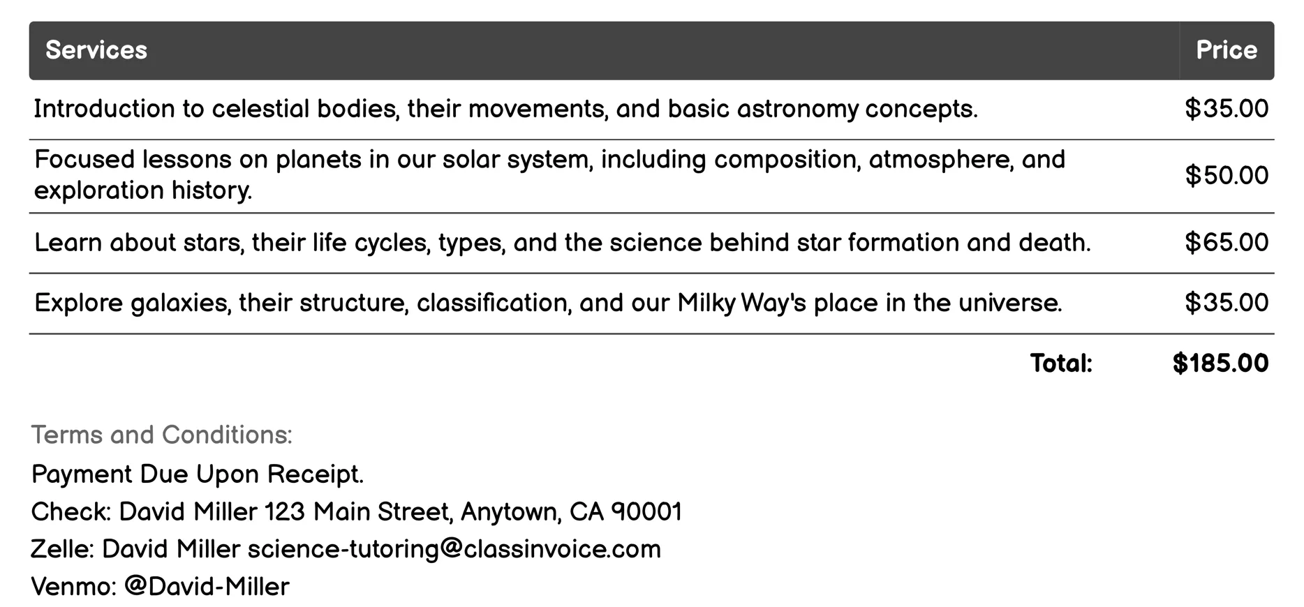 Astronomy Tutoring Invoice Example