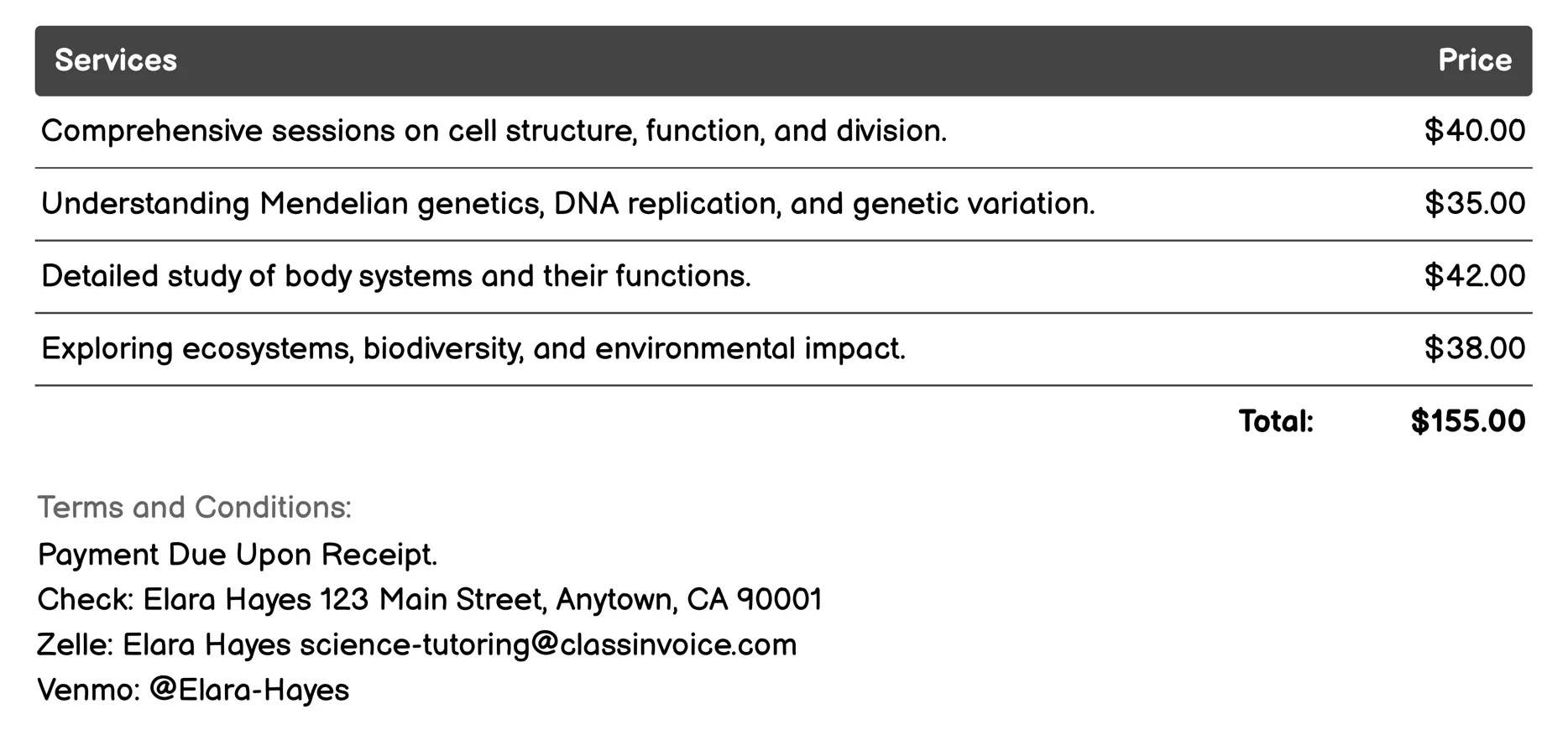 Biology Tutoring Invoice Example