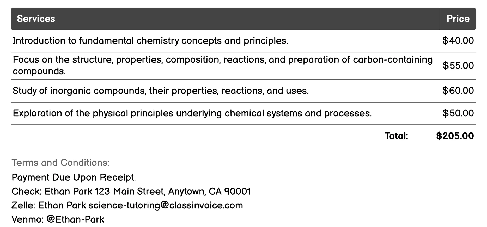 Chemistry Tutoring Invoice Example