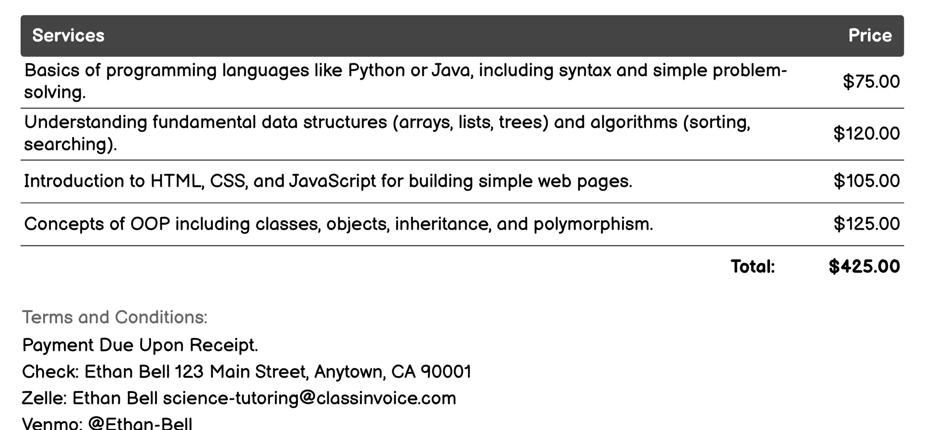 Computer Science Tutoring Invoice Example