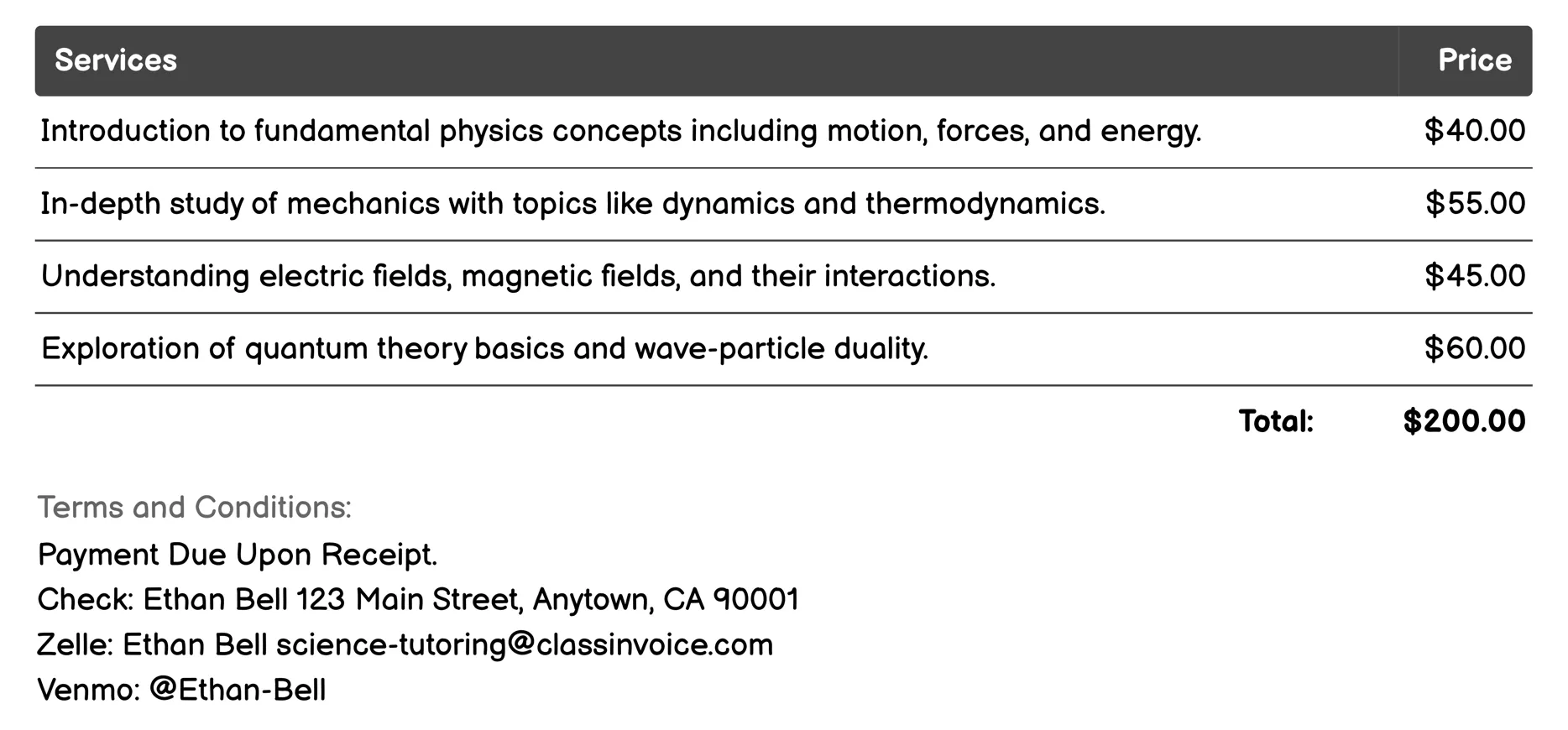 Physics Tutoring Invoice Example