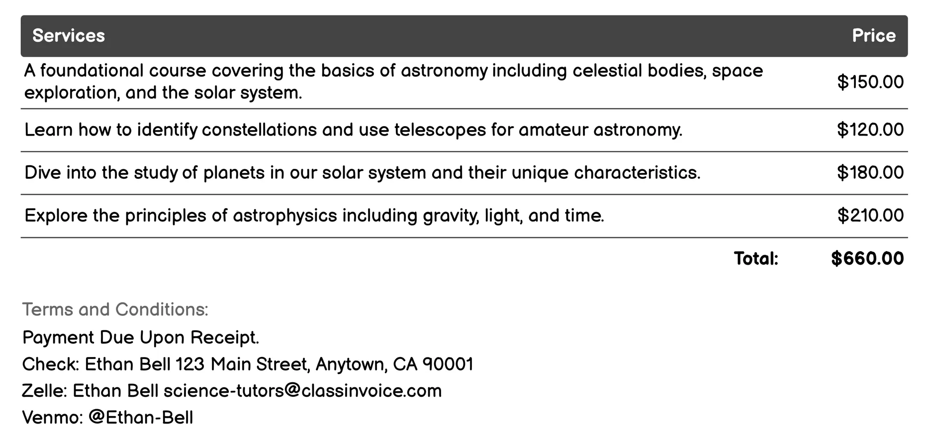 Astronomy Tutoring Invoice Example