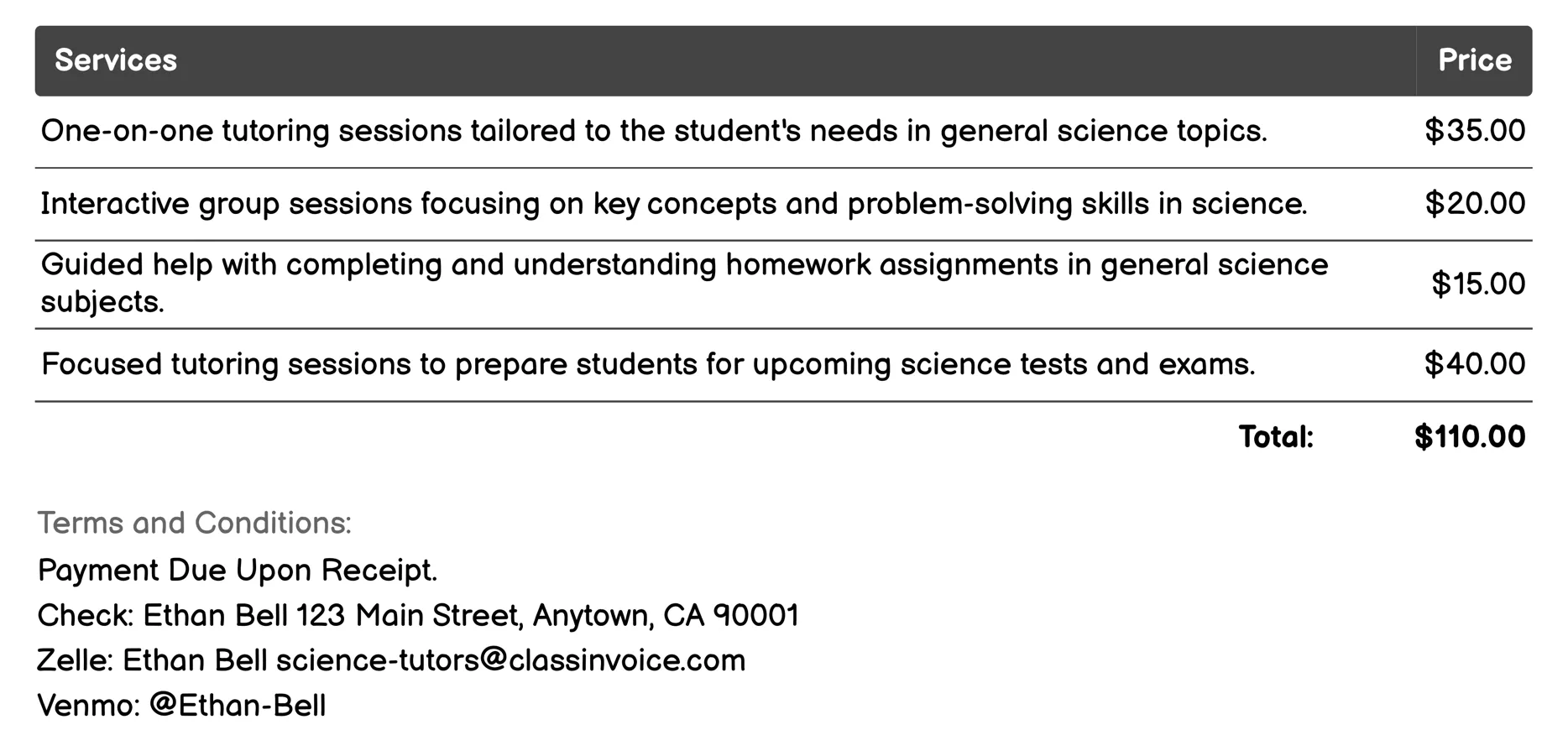 General Science Tutoring Invoice Example