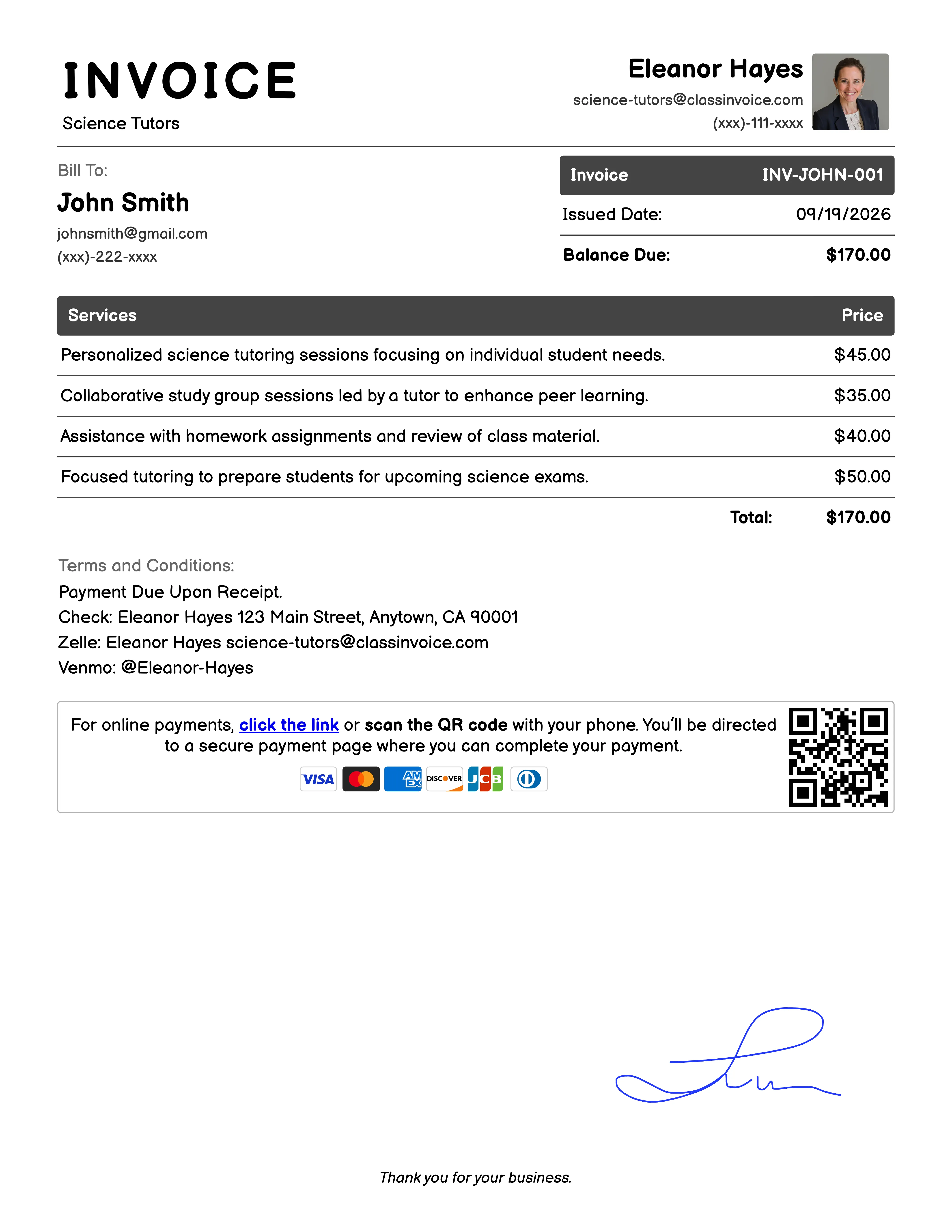 Science Tutors Invoice Example