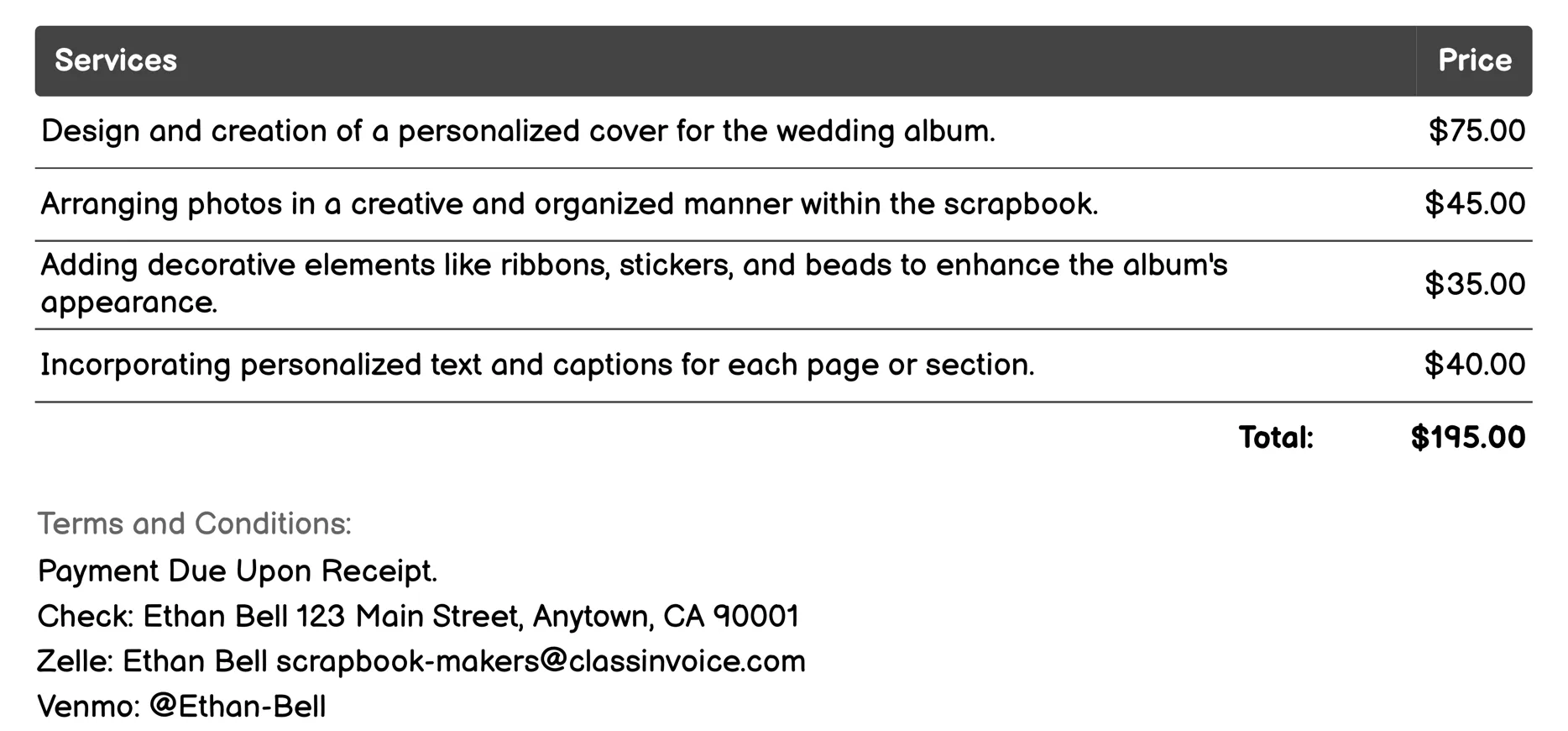 Wedding Album Creation Invoice Example